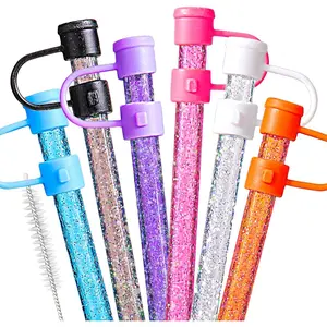 6 Pairs Replacement Straws and Straw Covers for Stanley Straw, Reusable Glitter Straws with Cleaning Brush for Stanley cup 40/30 OZ Tumbler (Sparkling)