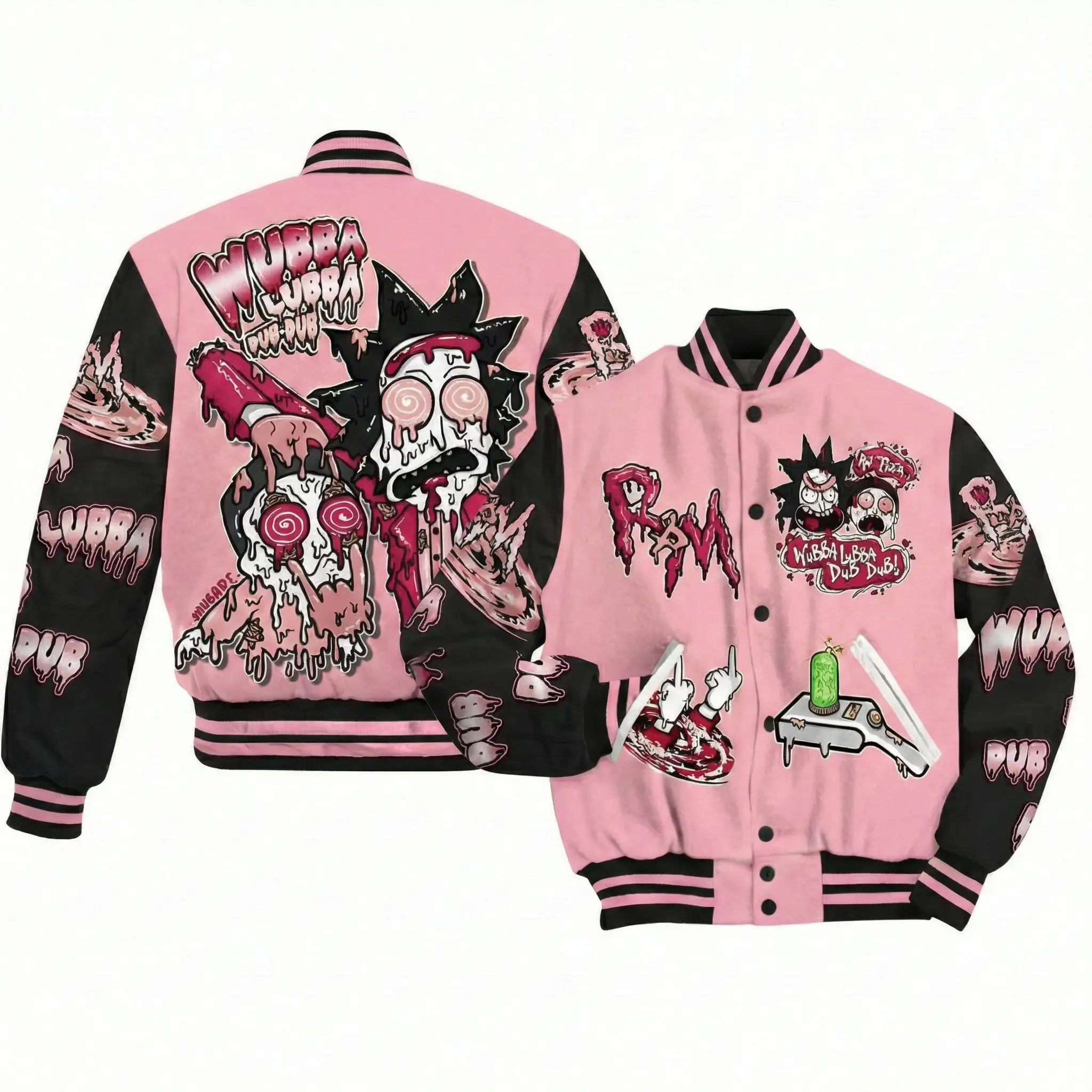 Riick And Mortyy Wubba Lubba Dub Dub Valentine Baseball Jacket, Trippy Cartoon Graphic Outerwear For Men Women, Psychedelic Art Print, Warm Winter Bomber Coat