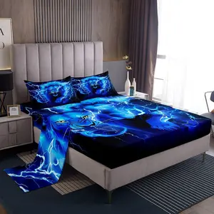 Lion Bedding Set,Blue Lightning Lion Print Bed Sheet Set with Deep Pocket Fitted Sheet + Flat Sheet + Wild Animal Theme Sheet Set for Kids Boys Teens Room Decor