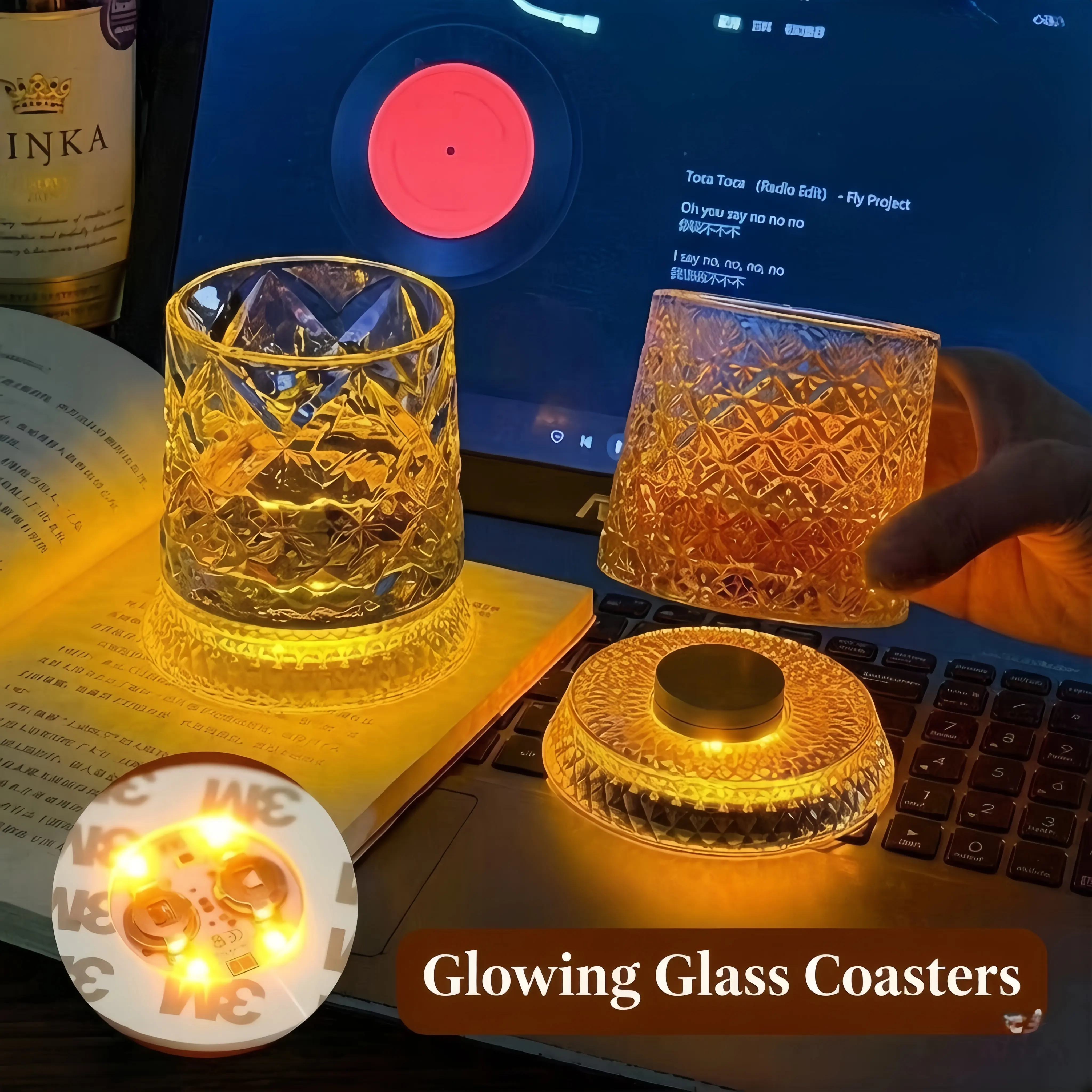 Premium 360° Spinning Geometric Crystal Whiskey Tumbler - Light-Up Bottom, Star Cut, Sturdy Glassware Drinking Glasses, Stress Relief Glowing Barware, Elegant European Festive & Party Gift