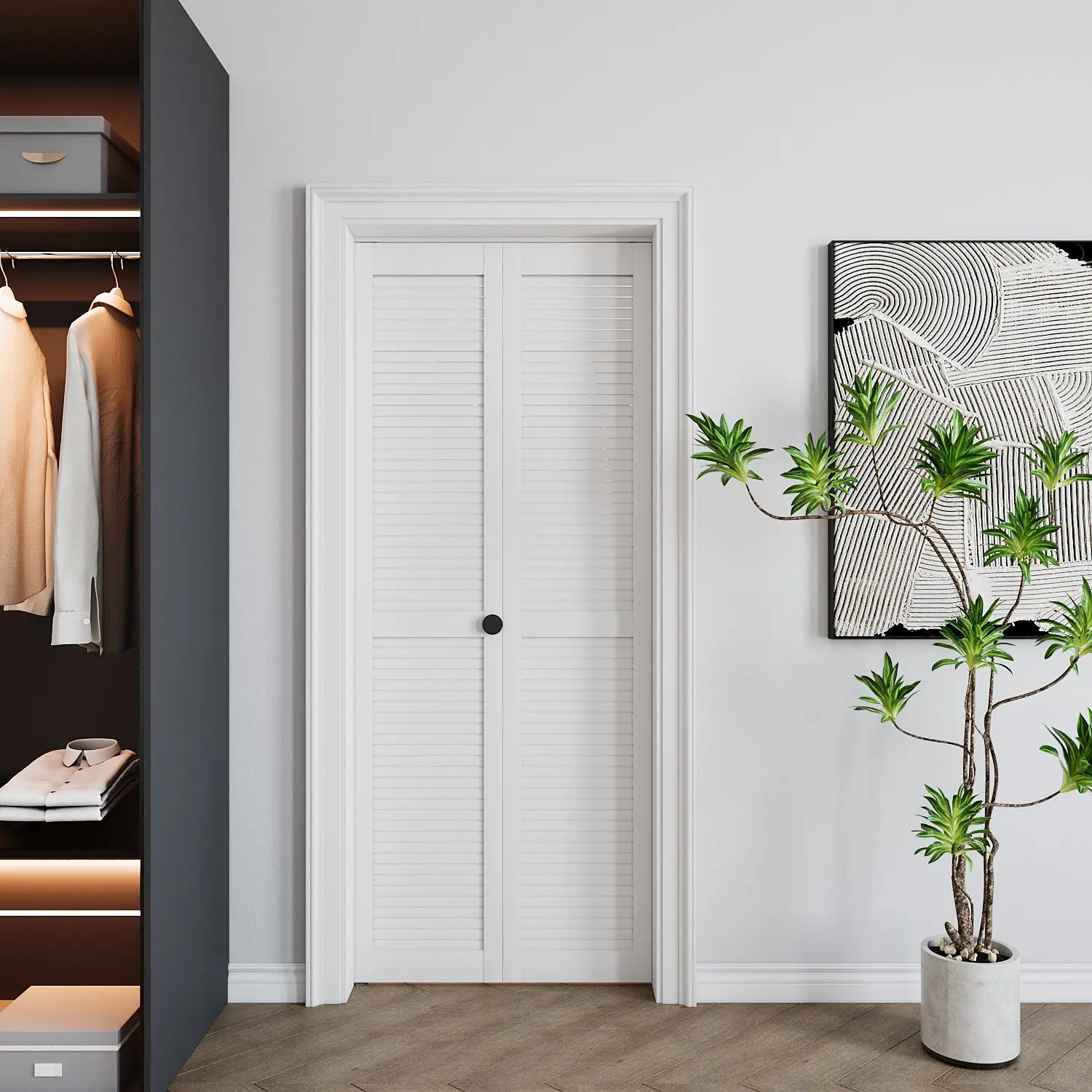 Bifold French Louver Door, White Primed Water-Proof PVC Surface