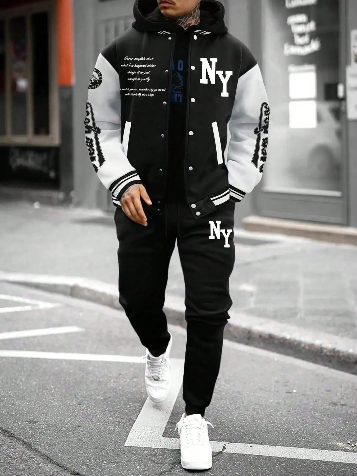 Two-Piece Set Men's Colorblock Letter Print Button Front Jacket & Drawstring Waist Sweatpants, Regular Fit Casual Long Sleeve Outerwear & Pocket Jogge