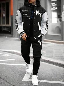 two-piece set men's colorblock letter print button front jacket & drawstring waist sweatpants, regular fit casual long sleeve outerwear & pocket jogger pants for daily wear, men's outfits for fall & winter