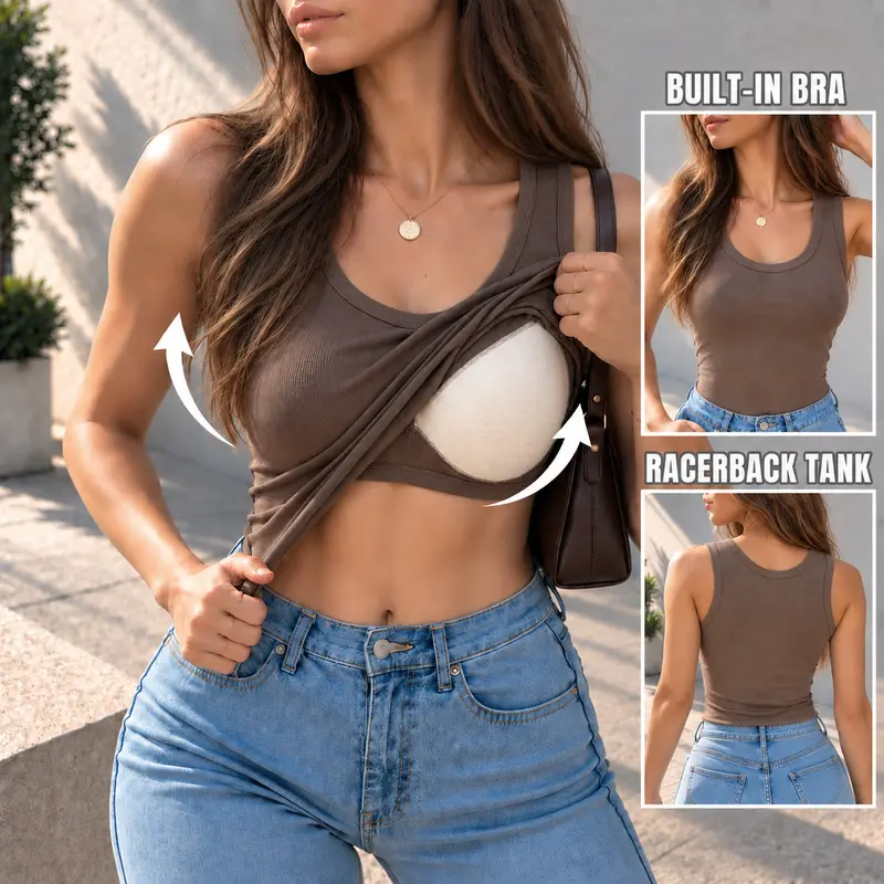 EssElegance Ribbed Workout Tank Tops for Women with Built in Bra Tight Racerback Scoop Sports Tank Neck Athletic Top for Summer And All Seasons Womenswear Bras