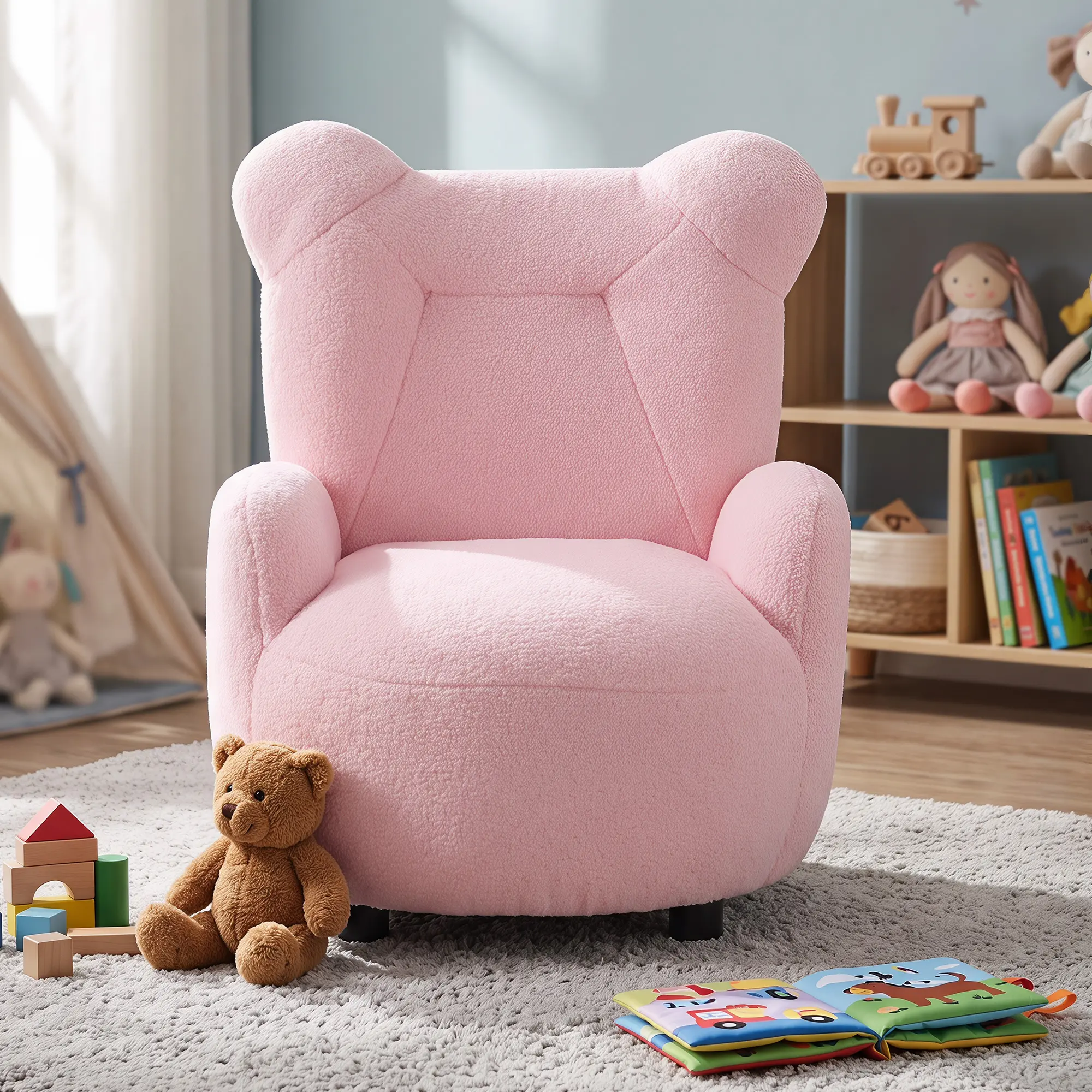 EBELLO Kids Teddy Bear Tub Chair, Soft Boucle Toddler Upholstered Armchair with Bear Ears, Cozy Reading Accent Seat for Nursery & Bedroom, Supports up to 90 lbs Toddler Furniture Fun Furniture