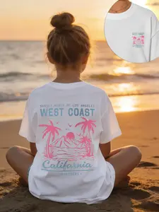 Oversized White Kids West Coast Graphic Tee, Graphic Printed Tee, Retro Pink & Blue Sunset Palm Tree Print, Coastal Aesthetic for Vacation & Beach OOTDs, Viral Surf Fashion, Tropical Summer Vibe
