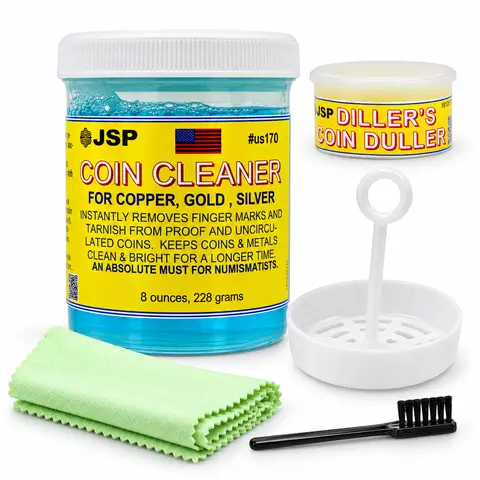 JSP Super Coin Liquid Cleaning Combo Kit - 8 fl oz Household Cleaning Supply, Includes Basket, Adjustable Tarnish Remover, Latex-Free Gloves, Brush; Silver-Safe Clean Advanced Formula for Precious Metals, Fixes Tone Scratches, Brightens Proofs