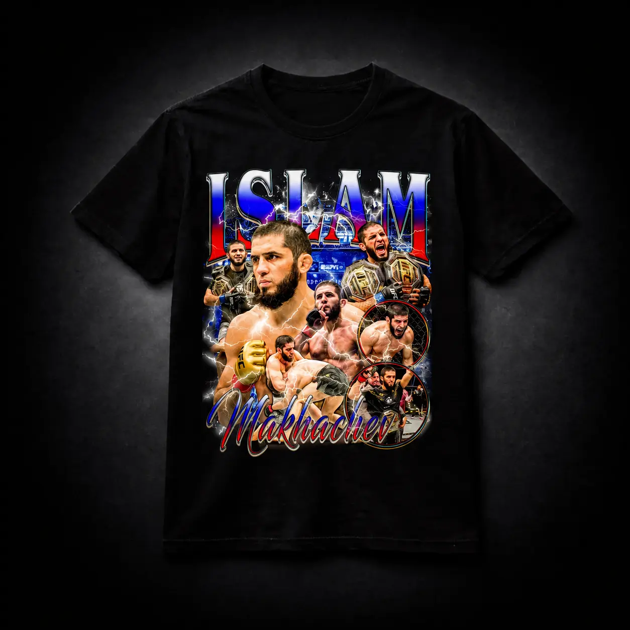 Islam Makhachev MMA Champion Vintage Bootleg Graphic T-Shirt, Dagestan Russian Fighter Collage Tee, Lightweight Combat Sports Streetwear, Martial Arts Training Shirt, Fight Night Fan Apparel, Birthday Gift for Men, MMA Fans and Wrestling Lovers