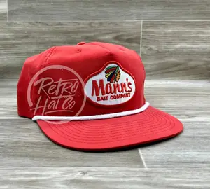 Mann’s Bait Co. Patch on Red Retro Hat w/White Rope