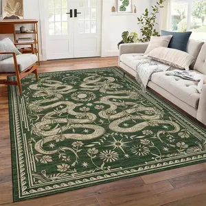 Snake 9x12 Area Rugs for Living Room Washable Non Slip Stain Resistant Thin Carpet Low Pile Lightweight Floor Cover for Bedroom Dining Room Office, Green