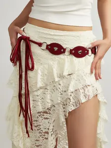 Women's Wine Fringe Heart Strap, Boho Retro Western Street Y2K Style, Adjustable Ring, Perfect for Jeans Dresses Coats, Holiday Party Gift