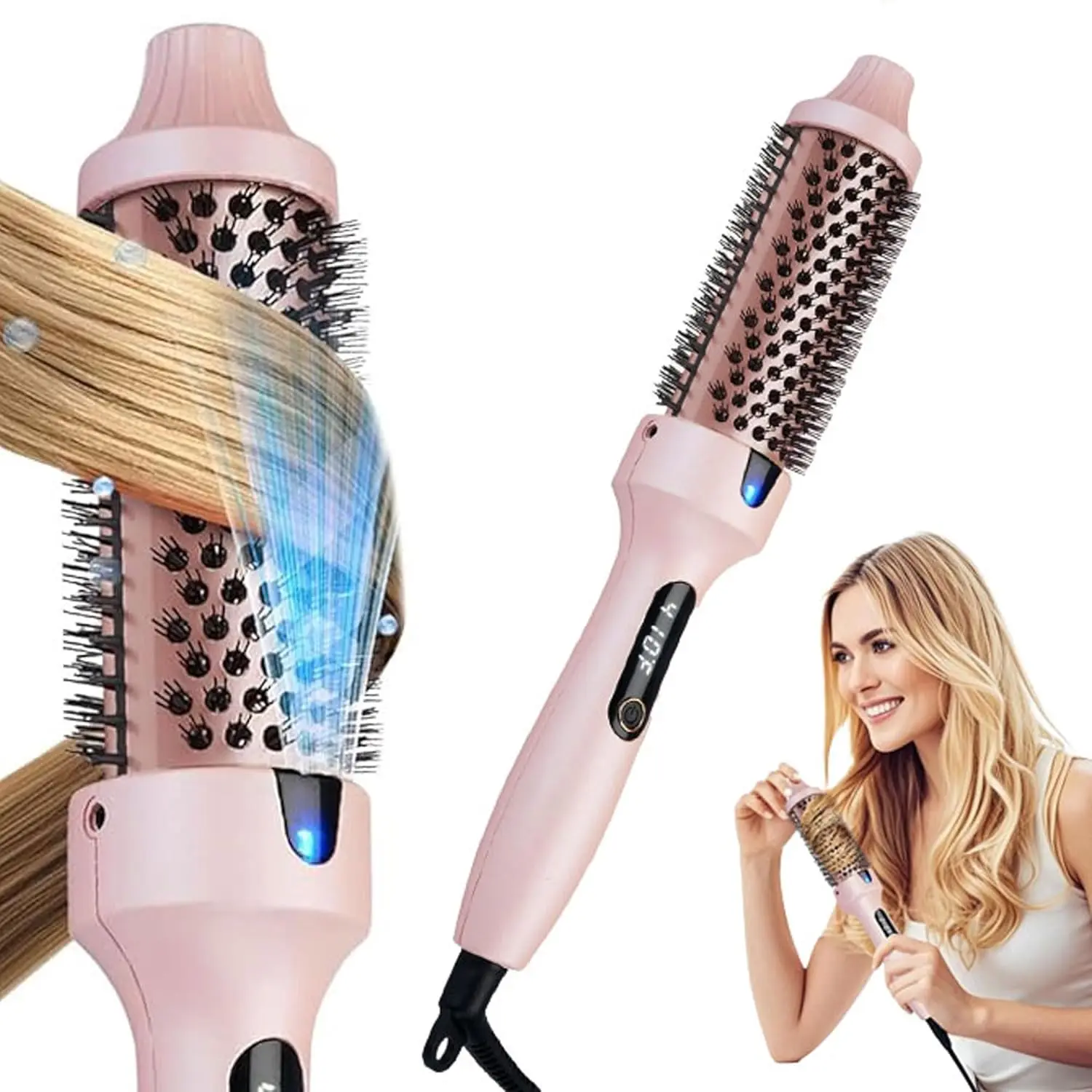Upgraded Infrared Thermal Brush, 1.5 Inch Heated Round Brush, Negative Ion Curly Hair Brush, Curling Iron with Dual Voltage & Dual PTC & 6 Heat Settings, Pink