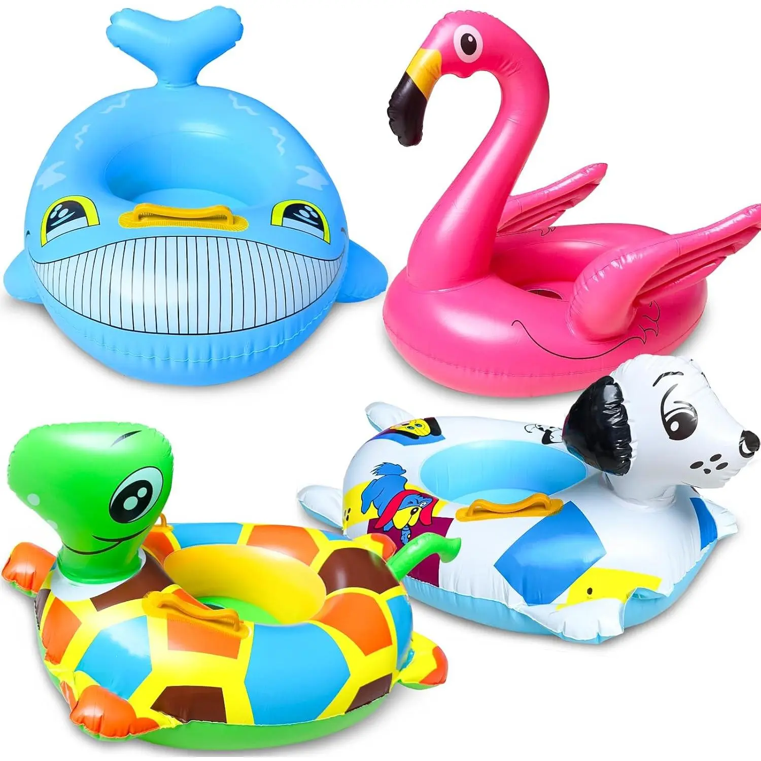 h-25 4 Pack Inflatable Pool Floats for Toddler Age 3-7 Animal Swim Tube Rings for Kids Infant Baby Ride on Beach Floaties with Safety Seat&Handle for Summer Lake Pool (Flamingo, Turtle, Whale, Dalmatian)