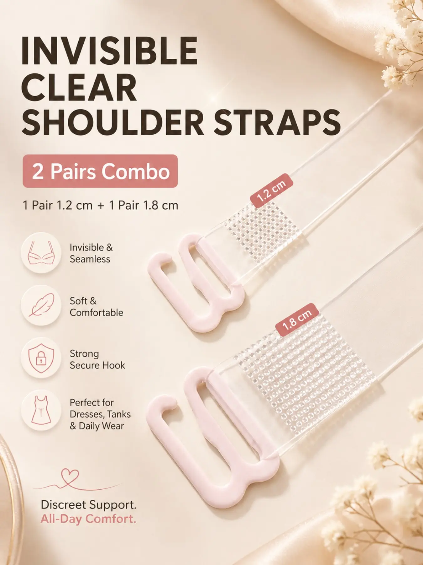 Invisible Clear Shoulder Straps, 2 Pairs Combo, Soft Adjustable Transparent Bra Straps, Ideal for Dresses & Daily Wear, Women Accessories, Bra Accessory