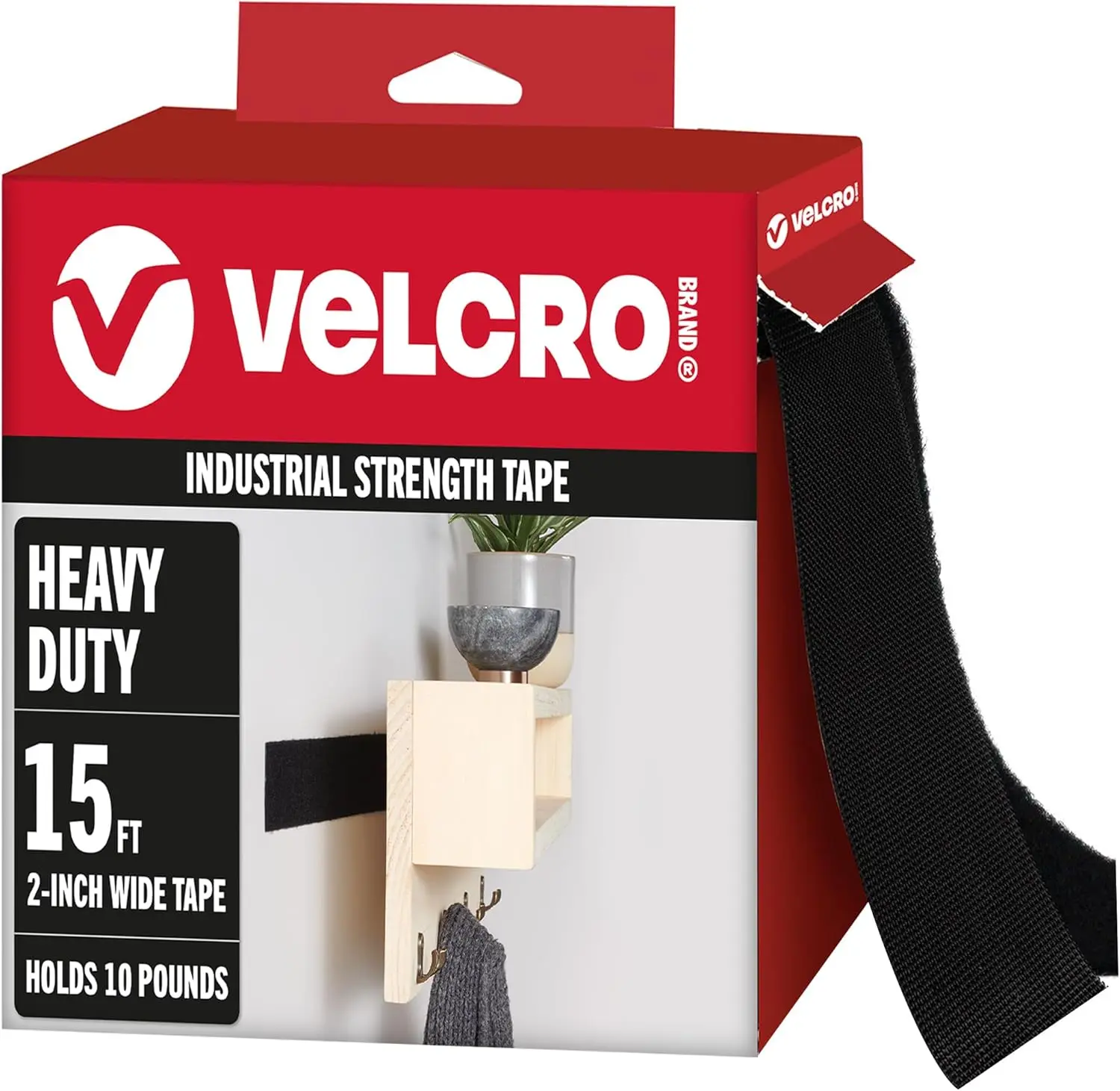 VELCRO Brand Heavy Duty Tape with Adhesive| 15 Ft x 2 In| Holds 10 lbs, Black| Industrial Strength Roll, Cut Strips to Length| Strong Hold for Indoor or Outdoor Use, 15ft x 2in