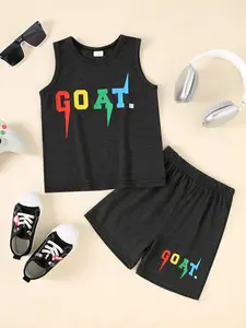 Summer Boys' Casual Letter Print Sleeveless Vest Top + Letter Print Solid Color Shorts Two-Piece Set, Comfortable and Stylish, Clothing Sets