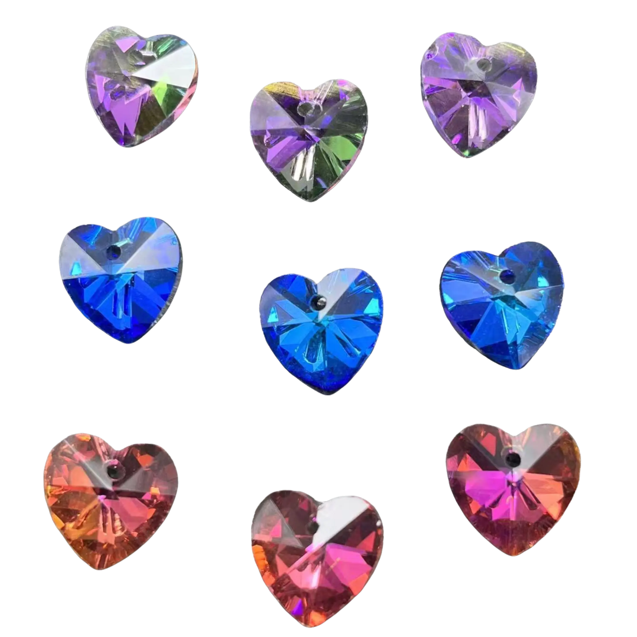 14mm Rainbow Heart Crystal Beads - 3 Colors, Pre-Drilled, Gluable, Stringable DIY Jewelry Making Supplies for Bracelets, Necklaces