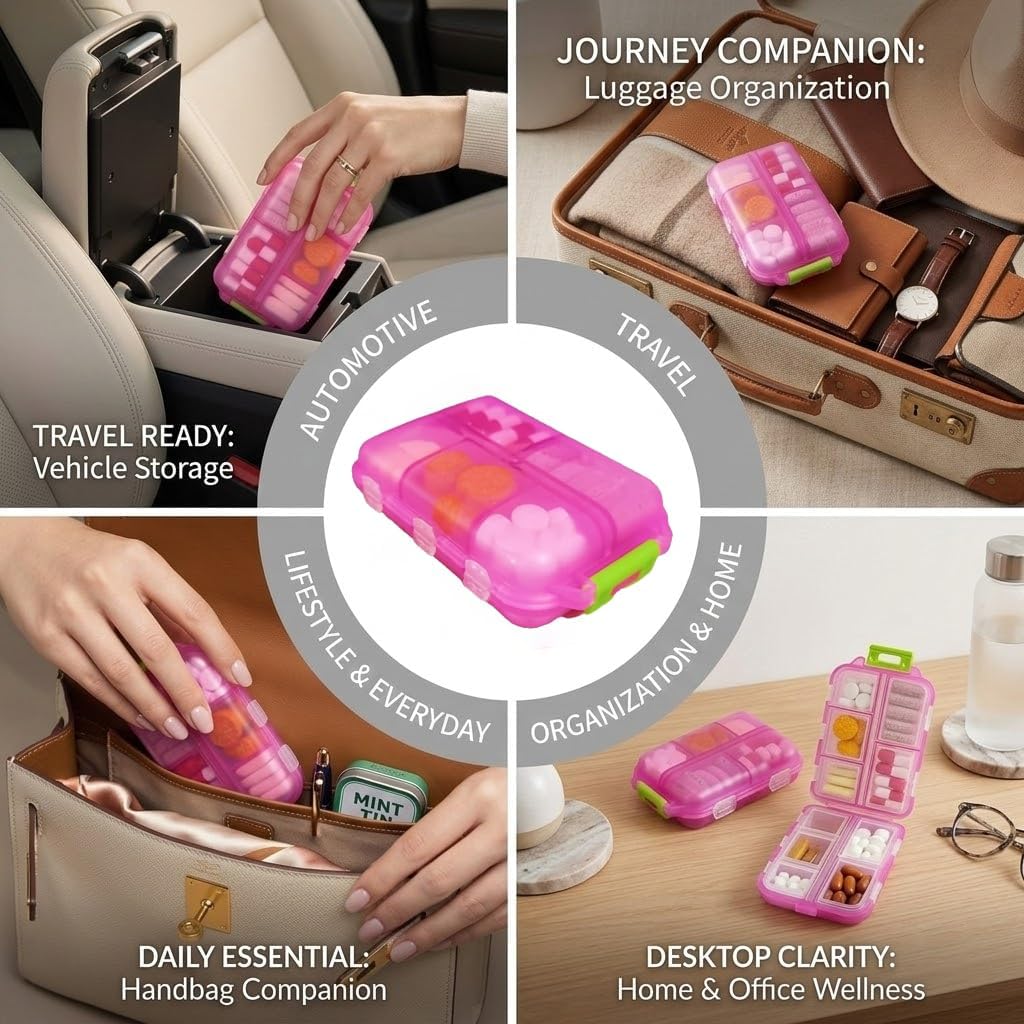 Pill Organizer with Medicine Labels Travel Daily Pill Container Mini Medication Organizer Storage Pill Organizer Travel Essentials Pill Case 7 Day (Pink & 161 Lables)