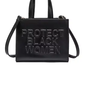 Protect Black Women Small Messenger Bag - Black Leather with "PROTECT BLACK WOMEN" Text, Adjustable Shoulder Strap, Versatile Design