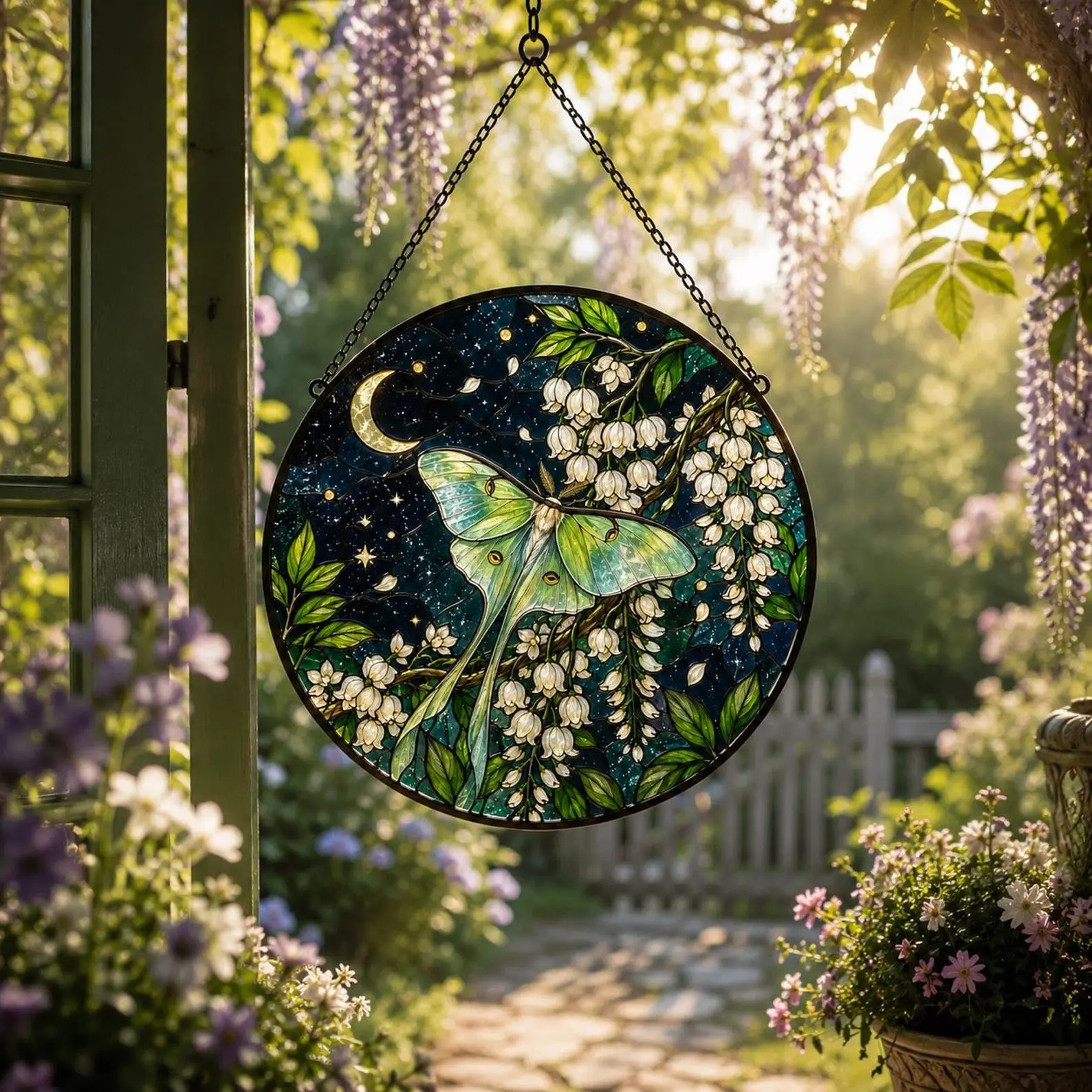 Moon Moth Lily of the Valley Stained Glass Suncatcher, Luna Moth Window Hanging, Crescent Moon Floral Suncatcher, Nature Lover Garden Decor