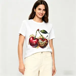 Women's Vintage Sparkly T-Shirt - Leopard Print, Glitter Cherry, Oversized Y2K Style, Short Sleeve Crew Neck, Soft Breathable Summer Casual Fabric, Medium Fitted Womenswear Top
