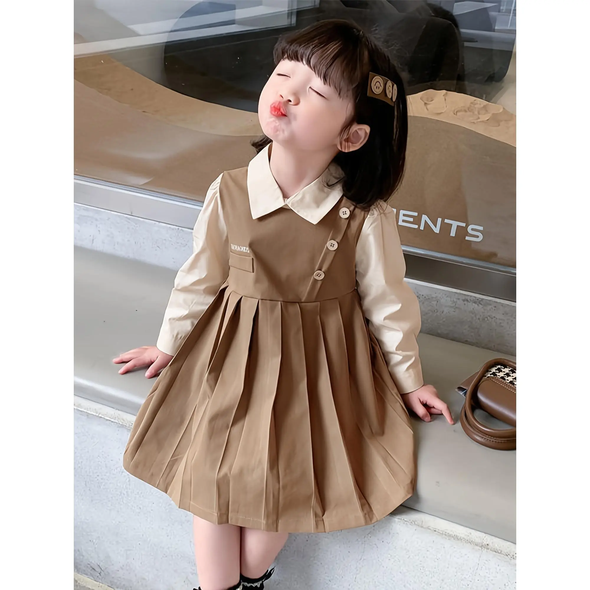 Charming Preppy Princess Baby Girl Dress - Long Sleeve Fall Outfit with Flowy Skirt, Trendy Casual Dress for Little Girls