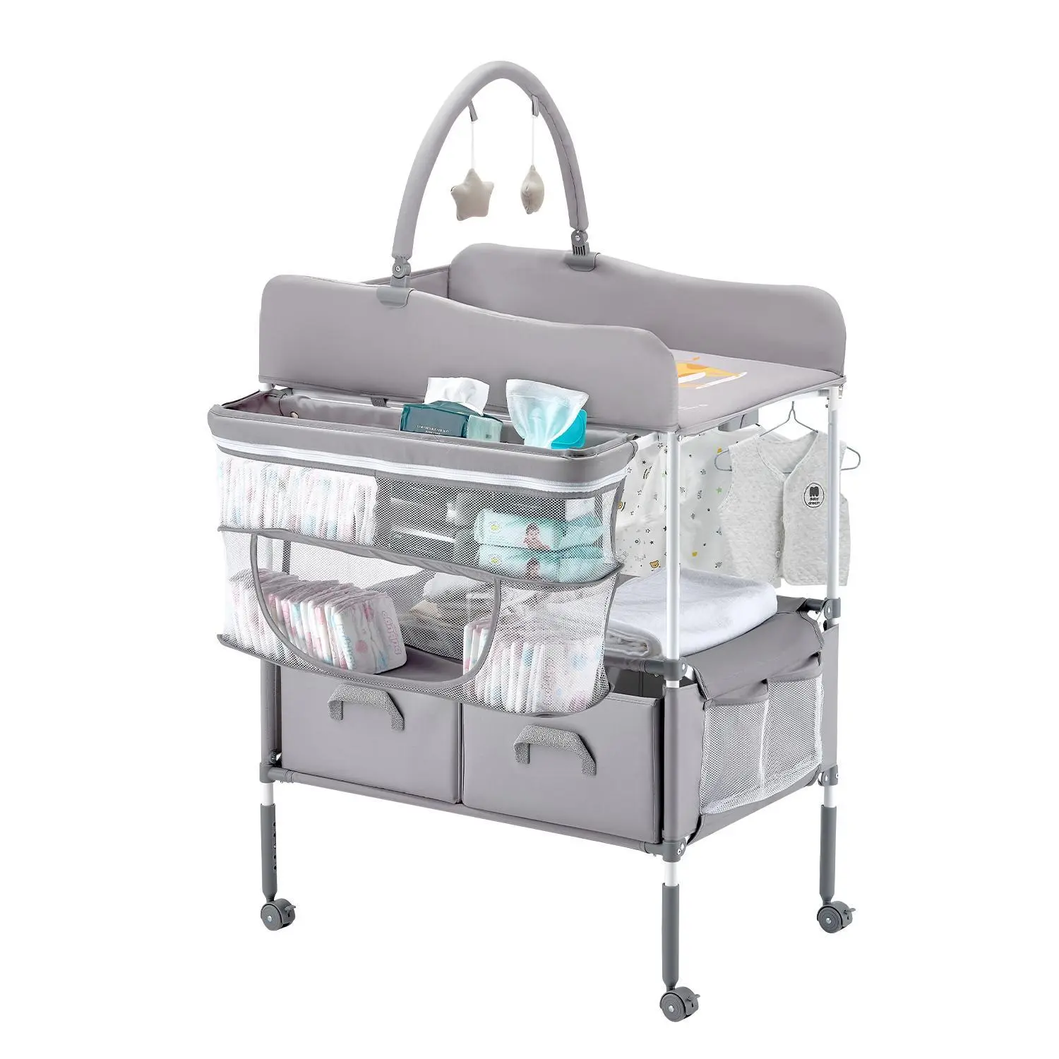 VEVOR Foldable Baby Changing Table (Oxford Fabric), Adjustable Height Portable Diaper Change Station with 2 Fabric Drawers, Side Basket, Hanging Rod, Lockable Wheels, 2 Star Toys, Light Gray#SohoChic, Foldable Changing Tables