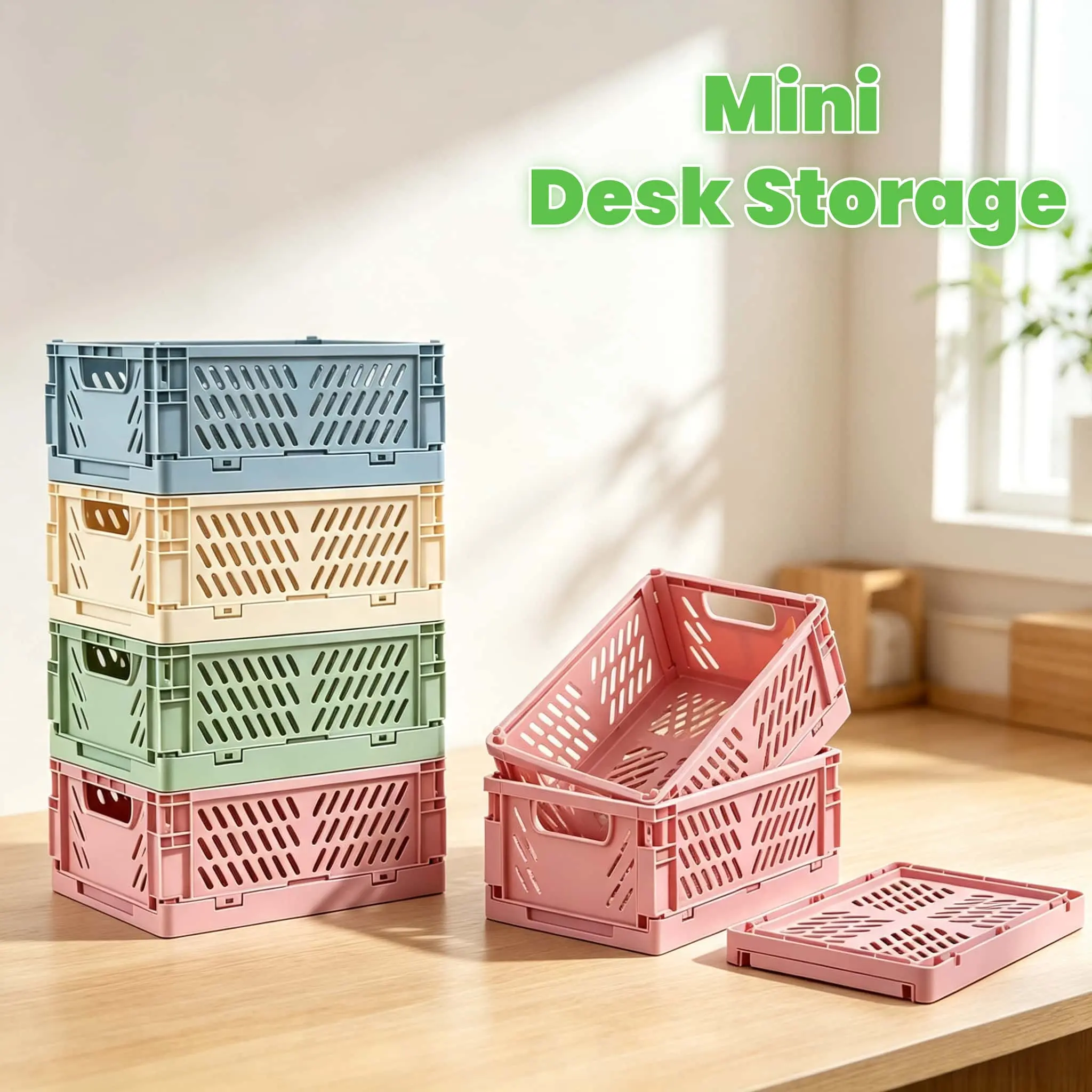 Folding Storage Crate Multicolor Small Pastel Plastic Storage Baskets, Collapsible Crates for Organizing, Space-Saving Mini Bins for Classroom, Kitchen, Office, Bedroom (5.9" x 3.8" x 2.2")-MM