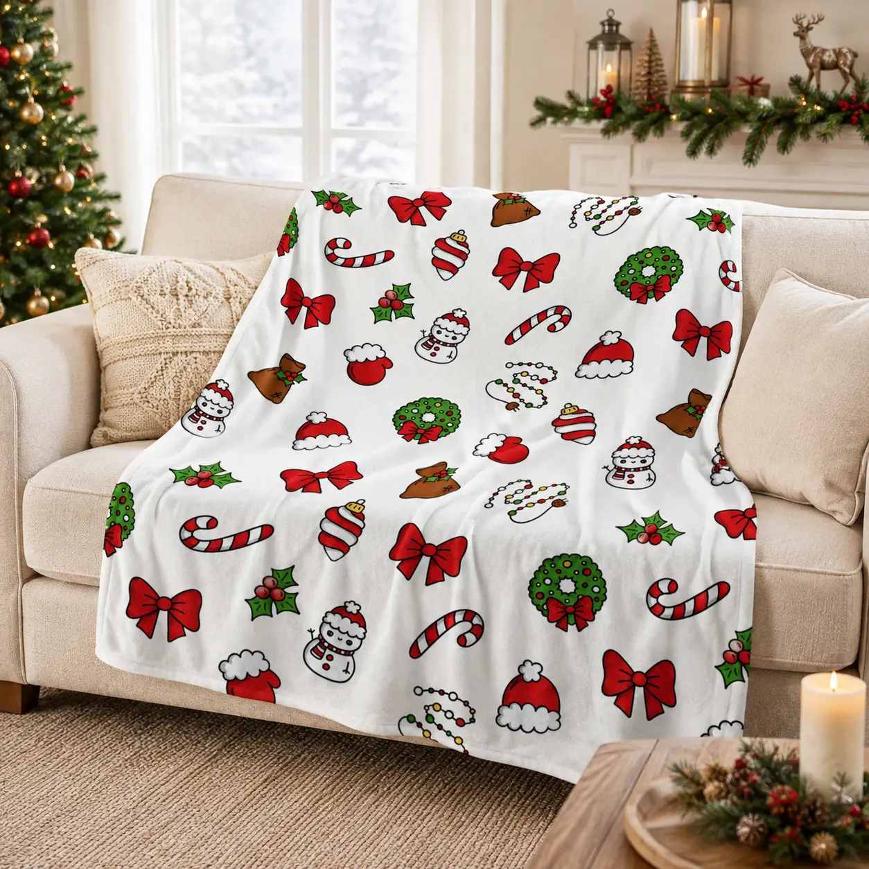 Christmas Flannel Throw Blanket, Soft Cozy Fleece Blanket with Santa Hat Candy Cane Bow Wreath Snowman Print, Warm Lightweight Holiday Blanket for Couch Sofa Bed, Cute Winter Home Decor Gift for Kids Adults, Machine Washable Plush Throw
