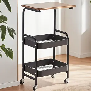Rolling Cart Storage Rack with Wooden Desktop 3-Layer Metal Multi-Function Cart with Lockable Wheels for Kitchen Office Multifunctional Organizer