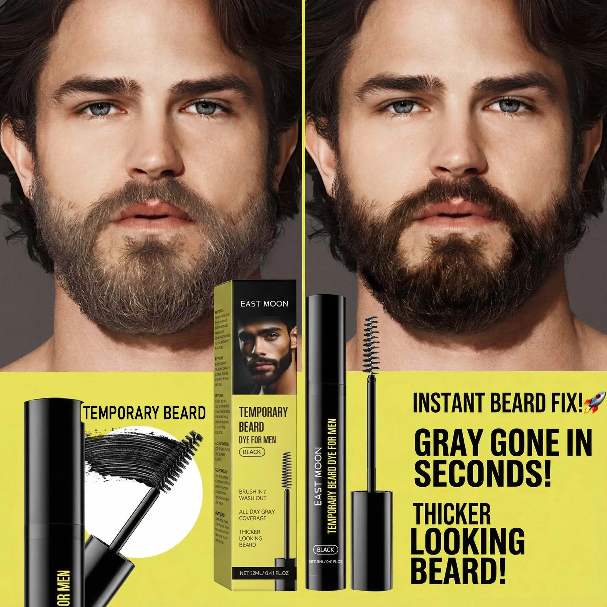 East Moon Black Men's Beard Eyebrow Dye | Long-Lasting Natural Color | No Bleach Gentle Coloring | Temporary bearddye for men | Easy Dip Applicator | At-Home Male Grooming Essential