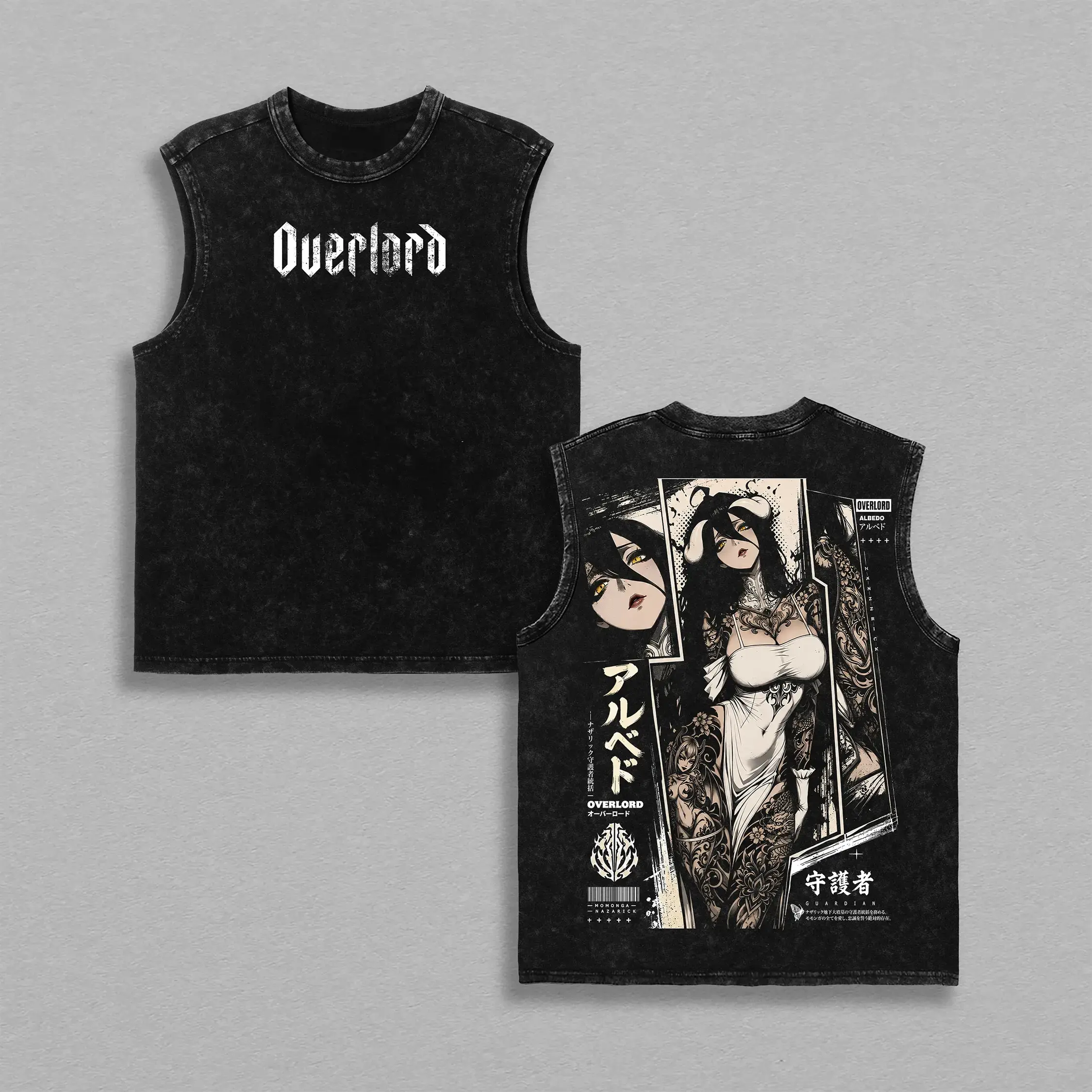 Albedo Overlord Anime Double Printed Vintage Washed Tank Top Unisex Oversize Anime Manga Washed Heavyweight Cotton Tanktop