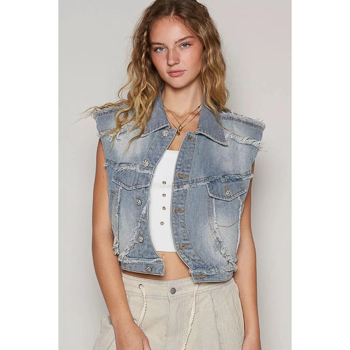 POL Assymetrical Front Closure Raw Hem Denim Vest