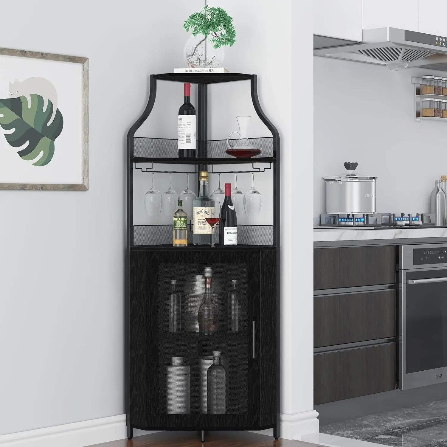 Corner Bar Cabinet,Wine Bar Cabinet and Glass Holder 5-Tiers Storage Space Corner Liquor Cabinet Industrial Wine Rack for Small Space with Glass Holder and Mesh Door