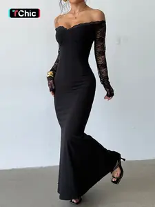 Lace Shoulder Long Sleeve Dress, New Year Party Dress, Valentine's Day Dress, Garden Party Dress, Graduation Gown, Elegant Style, Formal, Feminine