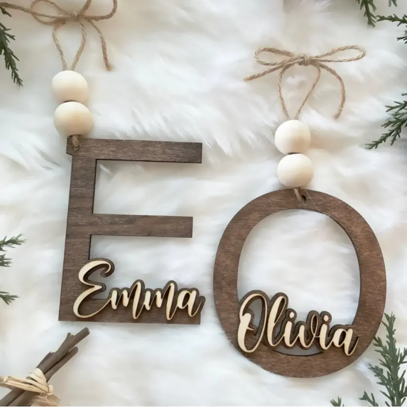 Personalized Name Wood Letter Christmas Ornament, Laser Cut Christmas Decor, Custom Name Ornament Bead Tags, Christmas Tree Decoration