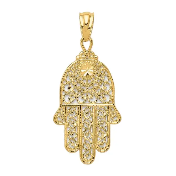 14K Yellow Gold Hamsa Hand Pendant - Symbol of Protection and Good Fortune for Women