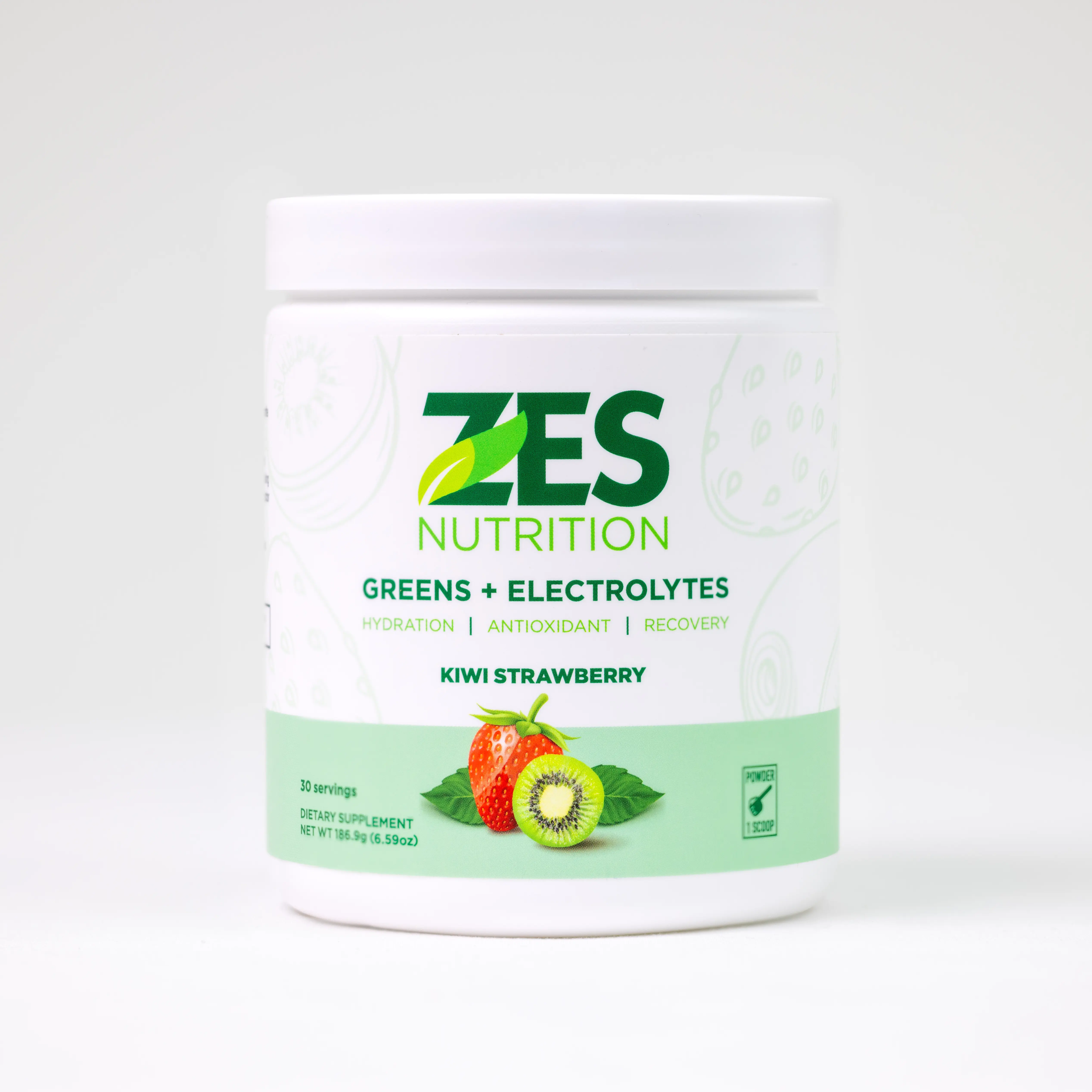 ZES Nutrition Greens + Electrolytes Kiwi Strawberry Flavor Hydration Antioxidant Recovery 30 Servings Vegan Non-GMO Gluten-Free Stevia-Free