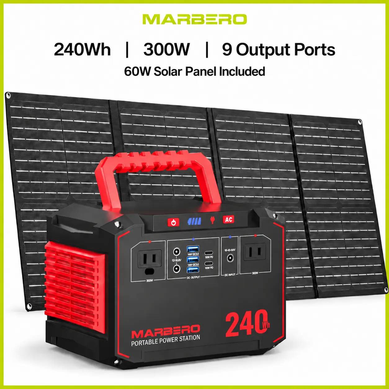 MARBERO 240Wh Portable Power Station Portable Charger with 300W AC Outlets (350W Peak) 9 Output Ports for Camping Power Outage Storm
