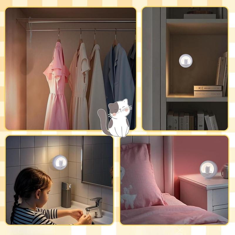 [New deal] - Cat Motion  Night Light, Cute Cat Magnetic LED Rechargeable Lamp with Dimmable, Portable Room Bedroom Bathroom Kitchen Wardrobe Stair Locker Wall Decor Lamp for Kid Teen(White x 2)