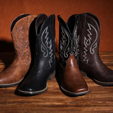 Cowboy Boots For Men with Wide Square Toe Western Retro Boot Durable Classic Fashionable Embroidered Pull On Slip Resistant Boots