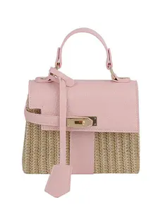 Pink Faux Leather Woven Natural Rattan Shoulder Bag