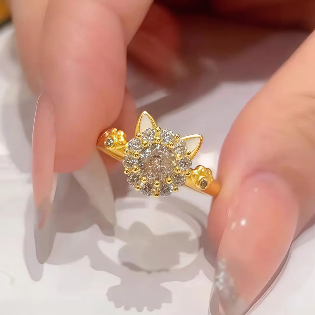 Women's 360-Degree Rotatable Sparkle Lucky Cat Open Spinner Ring - Anxiety Relief Animal Shaped Jewelry with Crystals, Colorful Stones, Novelty Look Statement Ring, Animal Shaped Rings