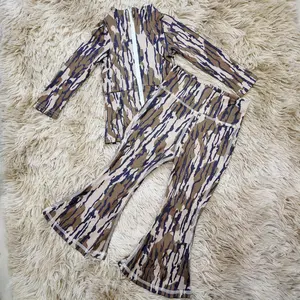 Camo printed zipper jacket & flare pants yoga set kids girls activewear