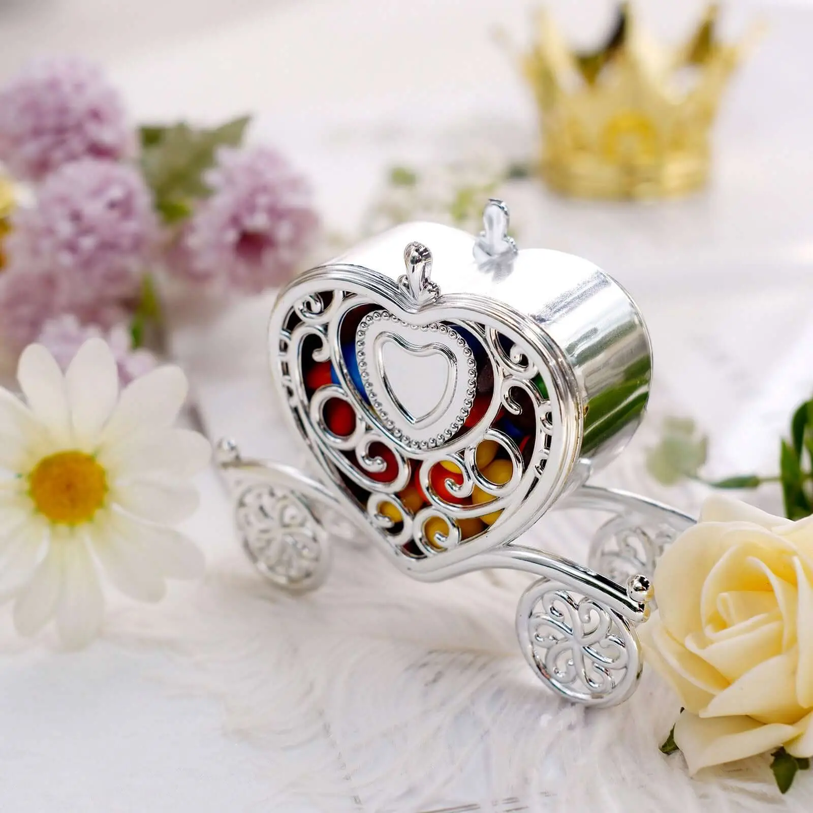 12-Pack Silver Heart Carriage Candy Container Gift Boxes - Classy Elegant Wedding Gift Ideas, 4" Office Stationery Favor Boxes for Special Occasions, Classy Gift Box