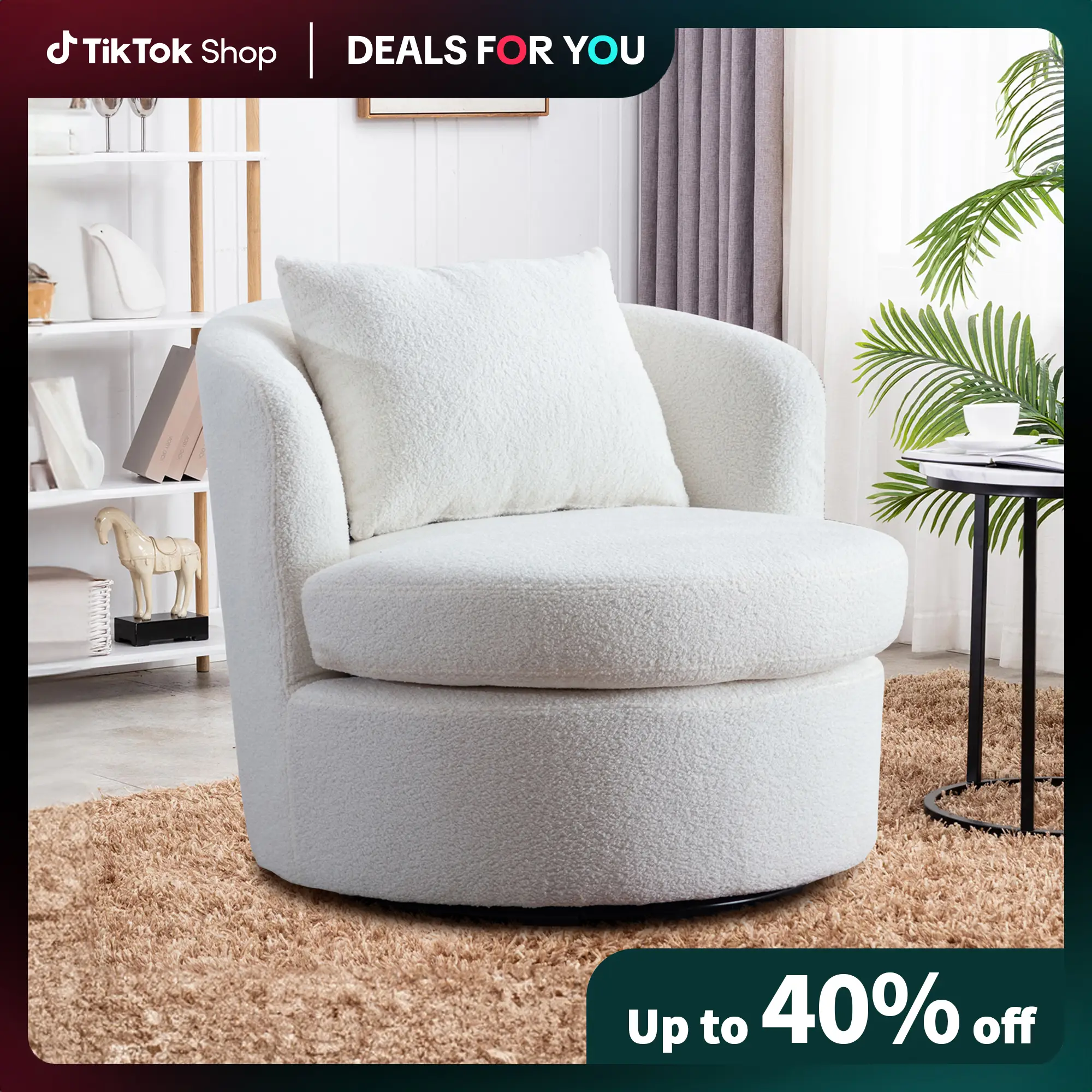 [Dealsforyoudays]Ebello 33"Wide Swivel Barrel Accent Chair with Lamb Wool Fabric and Plump Pillow, White
