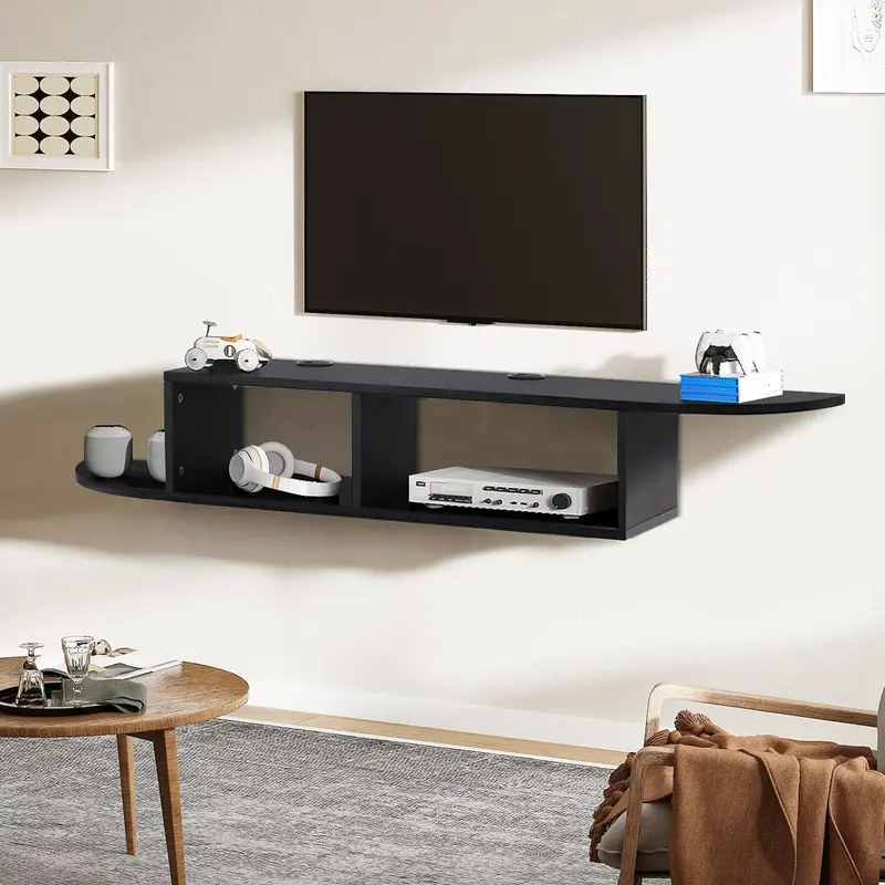 HOMBCK 55-in Modern Arc Particlewood Wall Mount Shelf - Wall Organizer Shelf for TV, Xbox, Cable Box, AV Devices, Living Room Decor, Storage Organization, Small-Space Hero