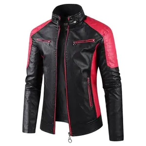 Men’s Color-Block PU Leather Motorcycle Jacket with Stand-Up Collar – Casual Style