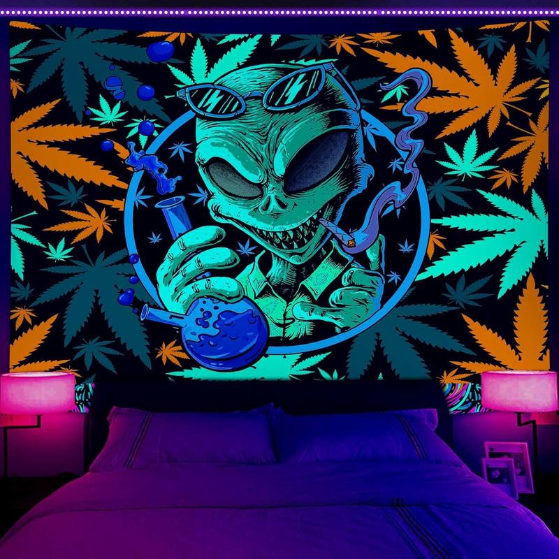 60in x 40in tapestry Wathon Trippy Weed Marijuana Tapestry, Cool Alien Marijuana Leaf Wall Tapestry for Bedroom, Psychedelic Tie Dye Stoner Tapestries for Men Aesthetic Hippie Wall Art Poster Dorm Home Decor
