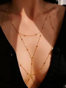 Fashion Sexy Beaded Cross Necklace Chain Body Chain, Trendy Hot Girl Metal Choker Chest Decoration, Body Jewelry